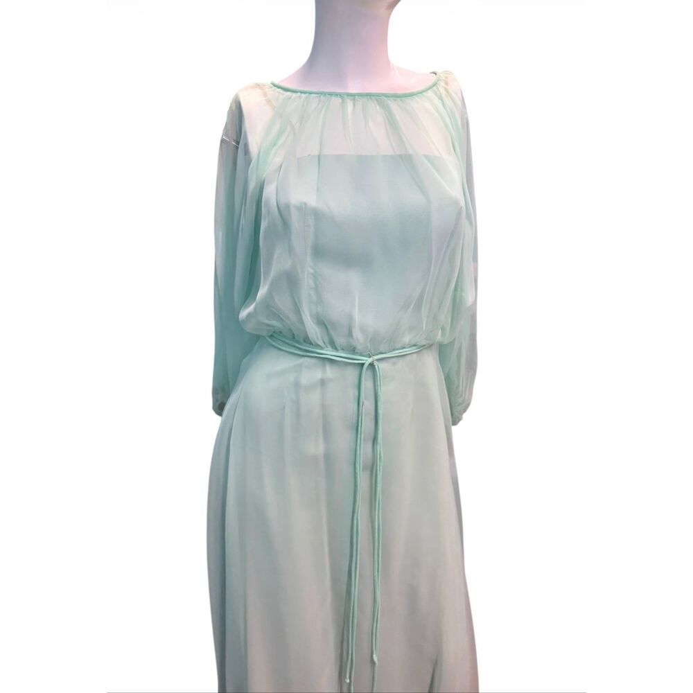 Vintage 70’s Sea Foam Green Blue Overlay Chiffon Goddess Gown Women’s Size XS Ma - Picture 5 of 14